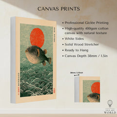Japanese Pufferfish Art Print – Vintage Coastal Wall Art — canvas print stretched cotton canvas details