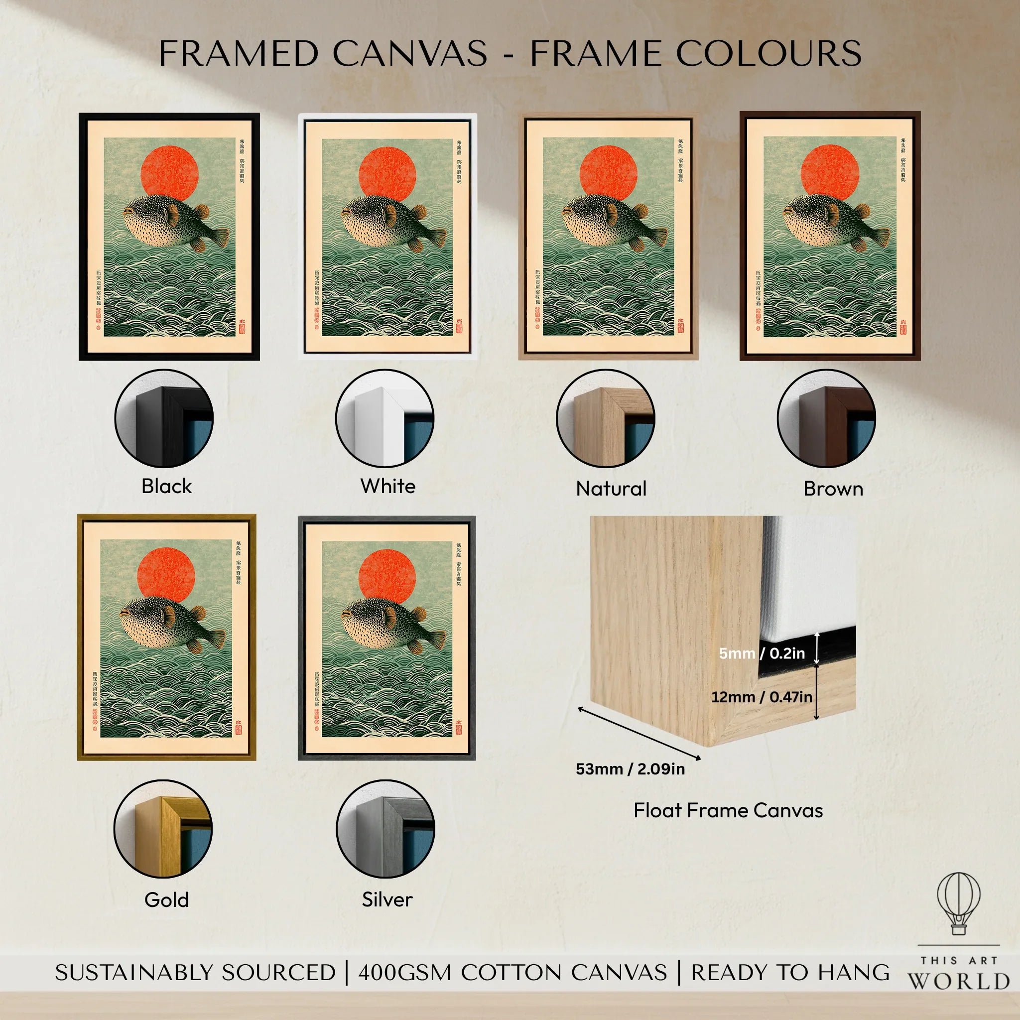 Japanese Pufferfish Art Print – Vintage Coastal Wall Art — framed canvas float frame colour options