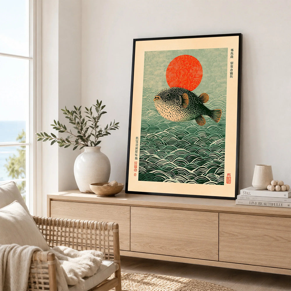Japanese Pufferfish Art Print – Vintage Coastal Wall Art — framed artwork living room lifestyle setting