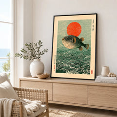 Japanese Pufferfish Art Print – Vintage Coastal Wall Art — framed artwork living room lifestyle setting