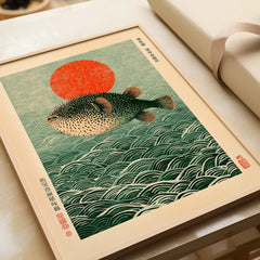 Japanese Pufferfish Art Print – Vintage Coastal Wall Art — framed art print closeup gift unwrapped natural frame