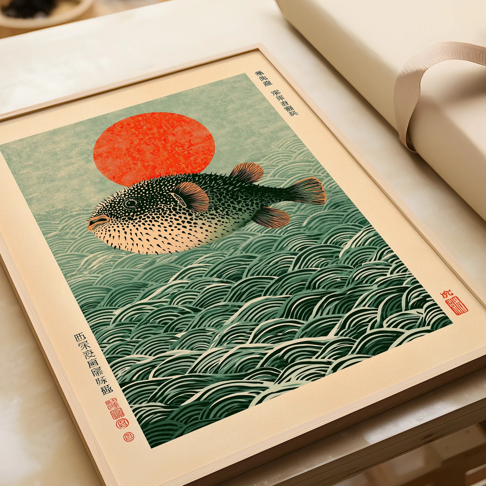 Japanese Pufferfish Art Print – Vintage Coastal Wall Art — framed art print closeup gift unwrapped natural frame