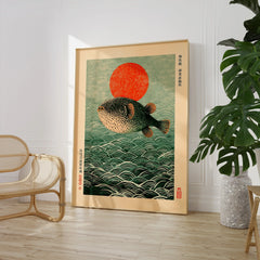 Japanese Pufferfish Art Print – Vintage Coastal Wall Art — large framed print room setting chair plant