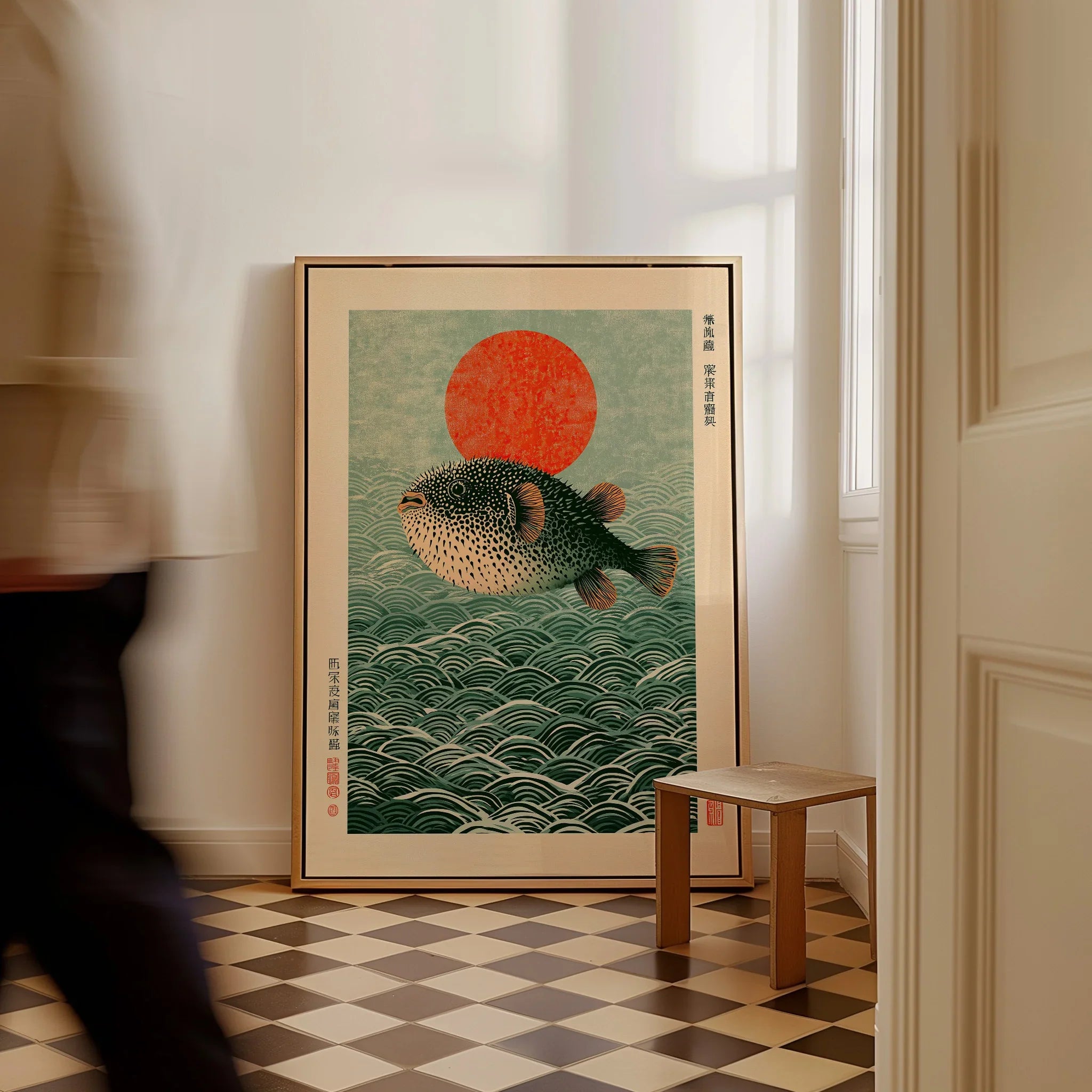 Japanese Pufferfish Art Print – Vintage Coastal Wall Art — framed canvas on floor man walking past