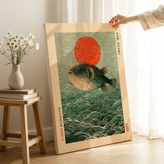 Japanese Pufferfish Art Print – Vintage Coastal Wall Art — canvas print mirror edge hand holding room setting