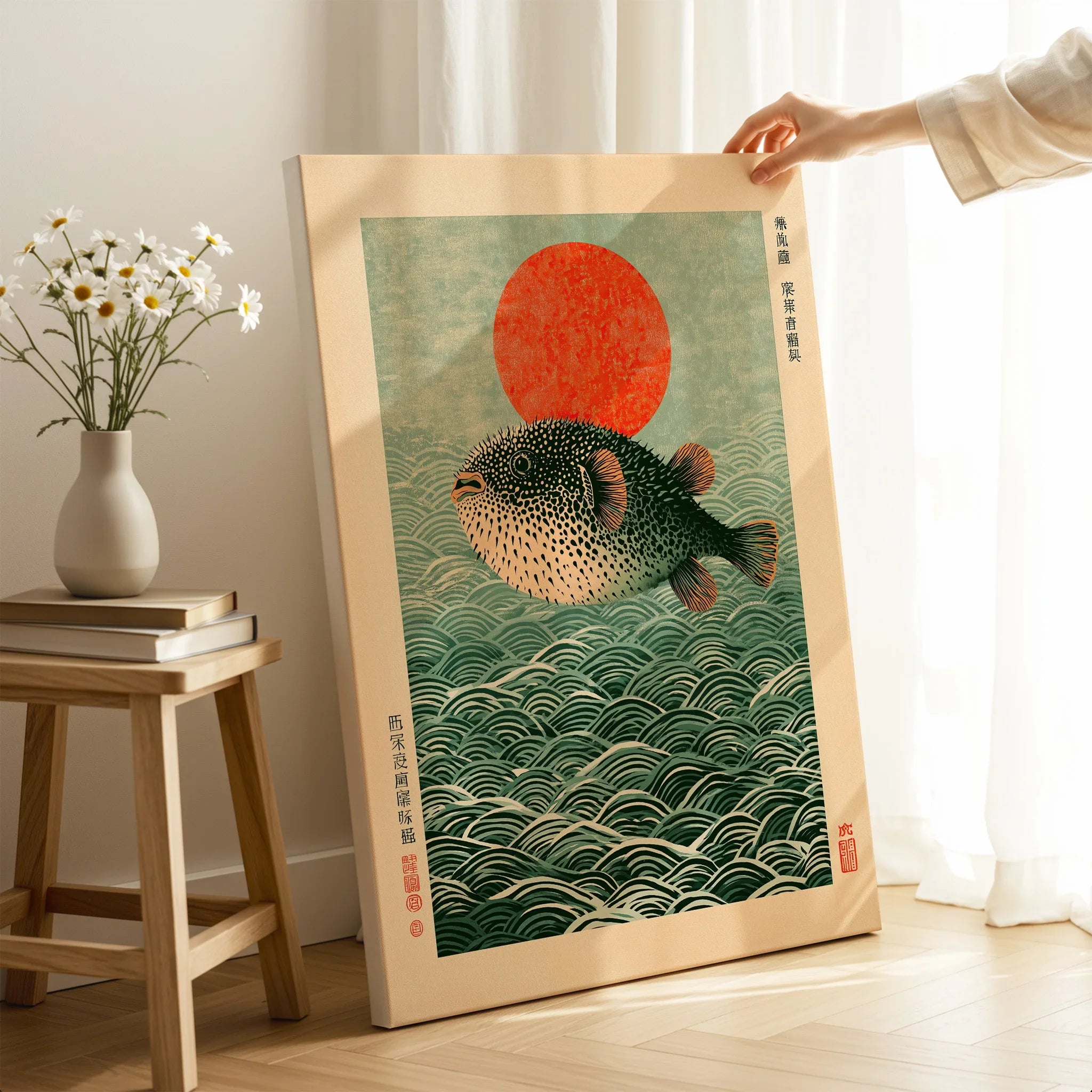 Japanese Pufferfish Art Print – Vintage Coastal Wall Art — canvas print mirror edge hand holding room setting