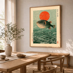 Japanese Pufferfish Art Print – Vintage Coastal Wall Art — dining room framed print natural wood frame