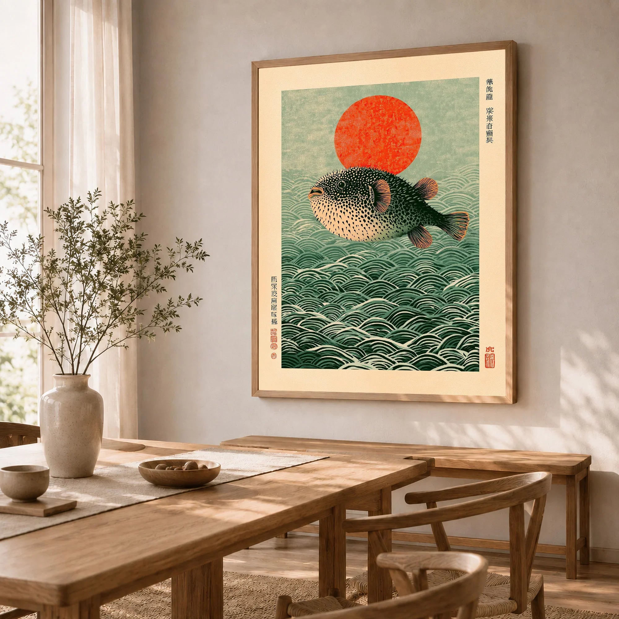Japanese Pufferfish Art Print – Vintage Coastal Wall Art — dining room framed print natural wood frame