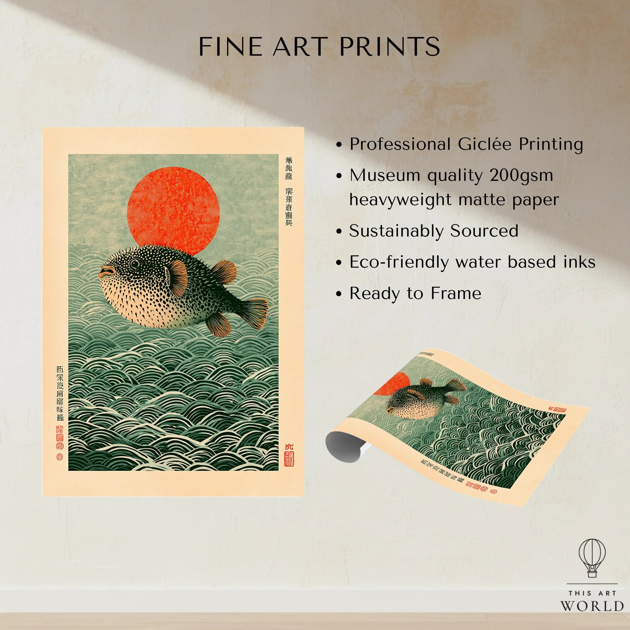 Japanese Pufferfish Art Print – Vintage Coastal Wall Art — fine art print unframed quality details