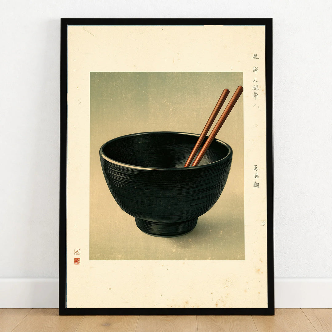 Japanese Kitchen Art Print – Vintage Ramen Bowl Wall Art — art print in black frame on wooden floor