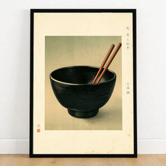 Japanese Kitchen Art Print – Vintage Ramen Bowl Wall Art — art print in black frame on wooden floor