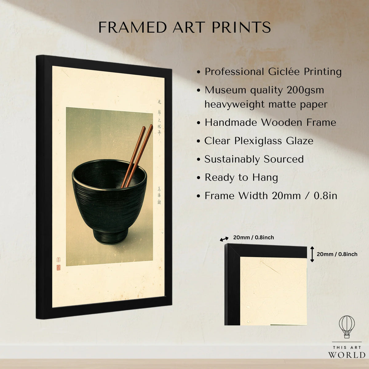 Japanese Kitchen Art Print – Vintage Ramen Bowl Wall Art — framed print details measurements quality details