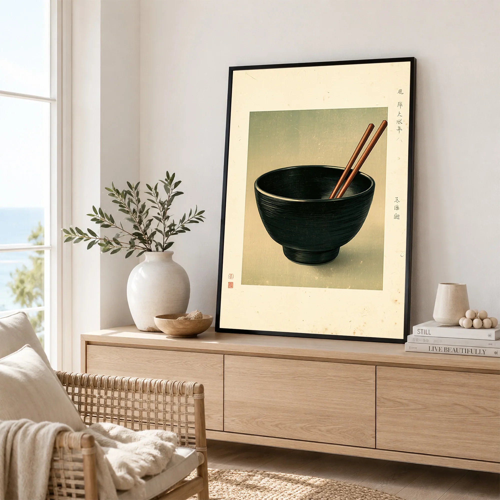 Japanese Kitchen Art Print – Vintage Ramen Bowl Wall Art — framed artwork living room lifestyle setting
