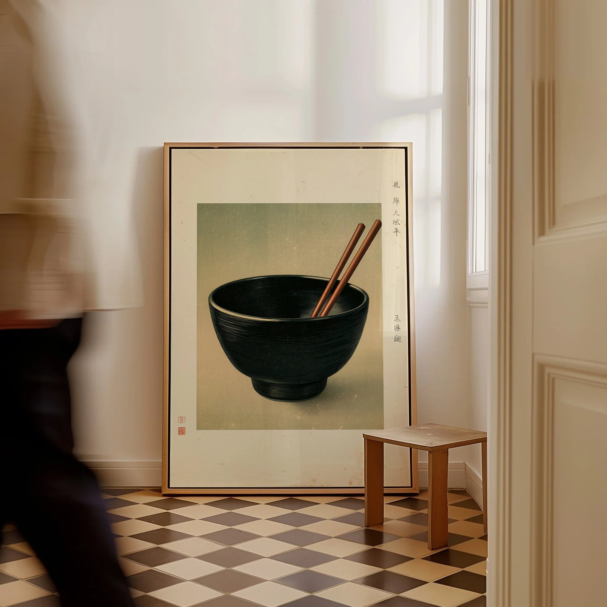 Japanese Kitchen Art Print – Vintage Ramen Bowl Wall Art — framed canvas on floor man walking past