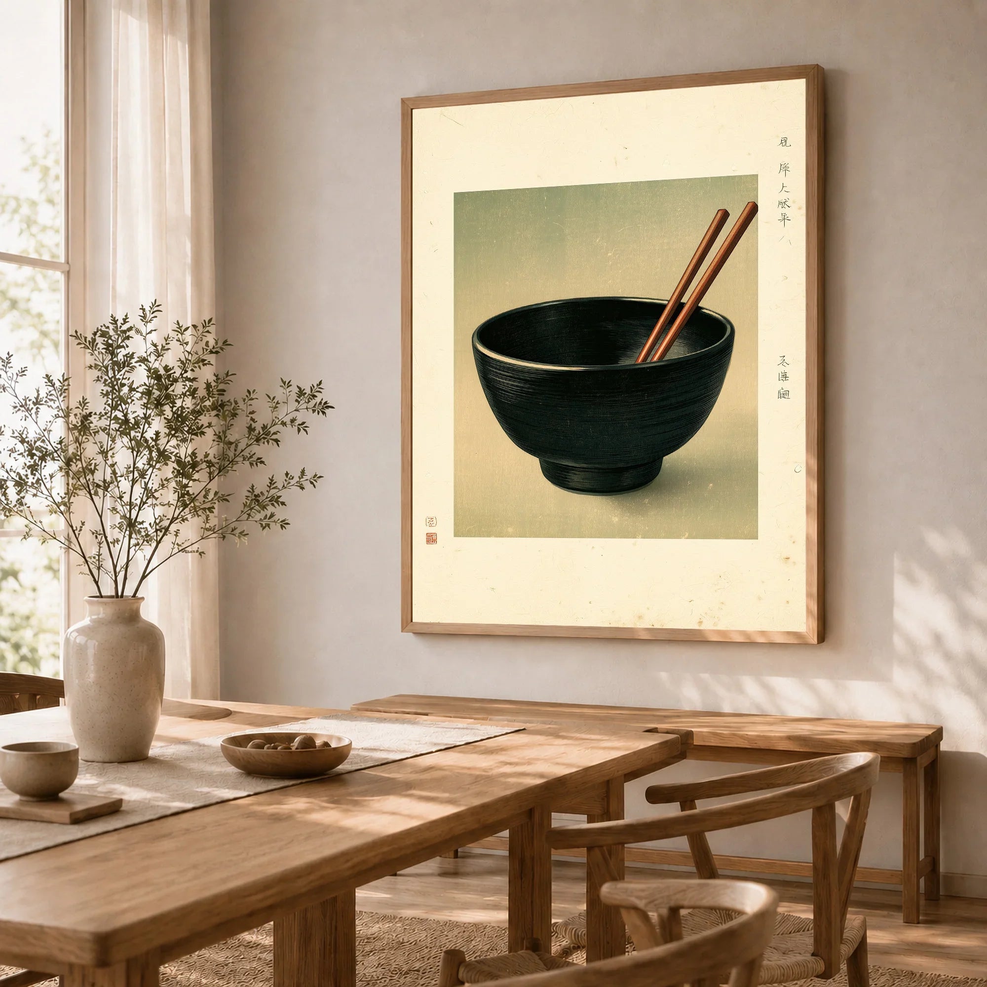 Japanese Kitchen Art Print – Vintage Ramen Bowl Wall Art — dining room framed print natural wood frame