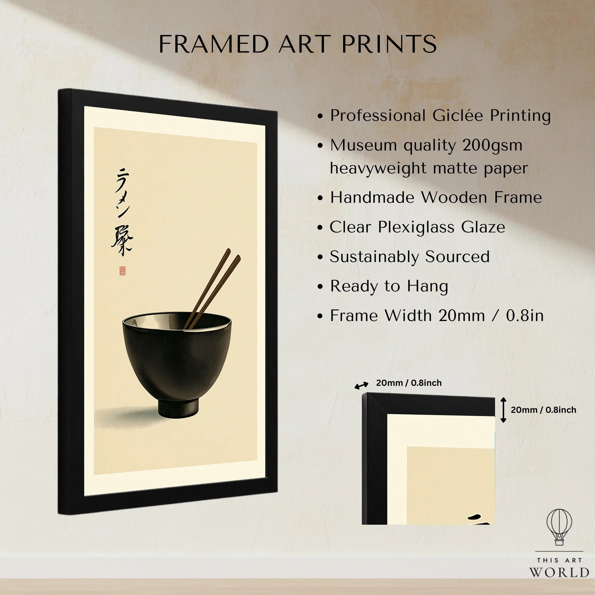 Japanese Ramen Wall Art – Minimal Vintage Kitchen Print — framed print details measurements quality details