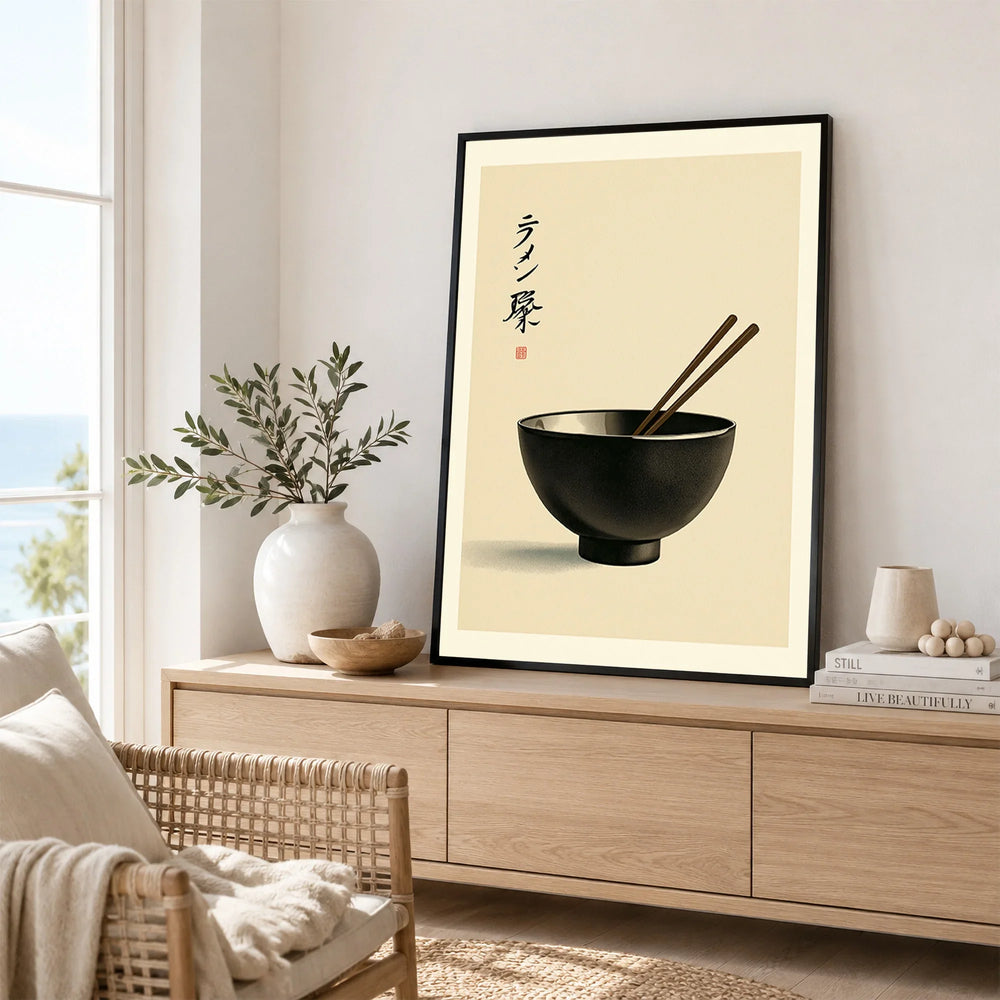 Japanese Ramen Wall Art – Minimal Vintage Kitchen Print — framed artwork living room lifestyle setting