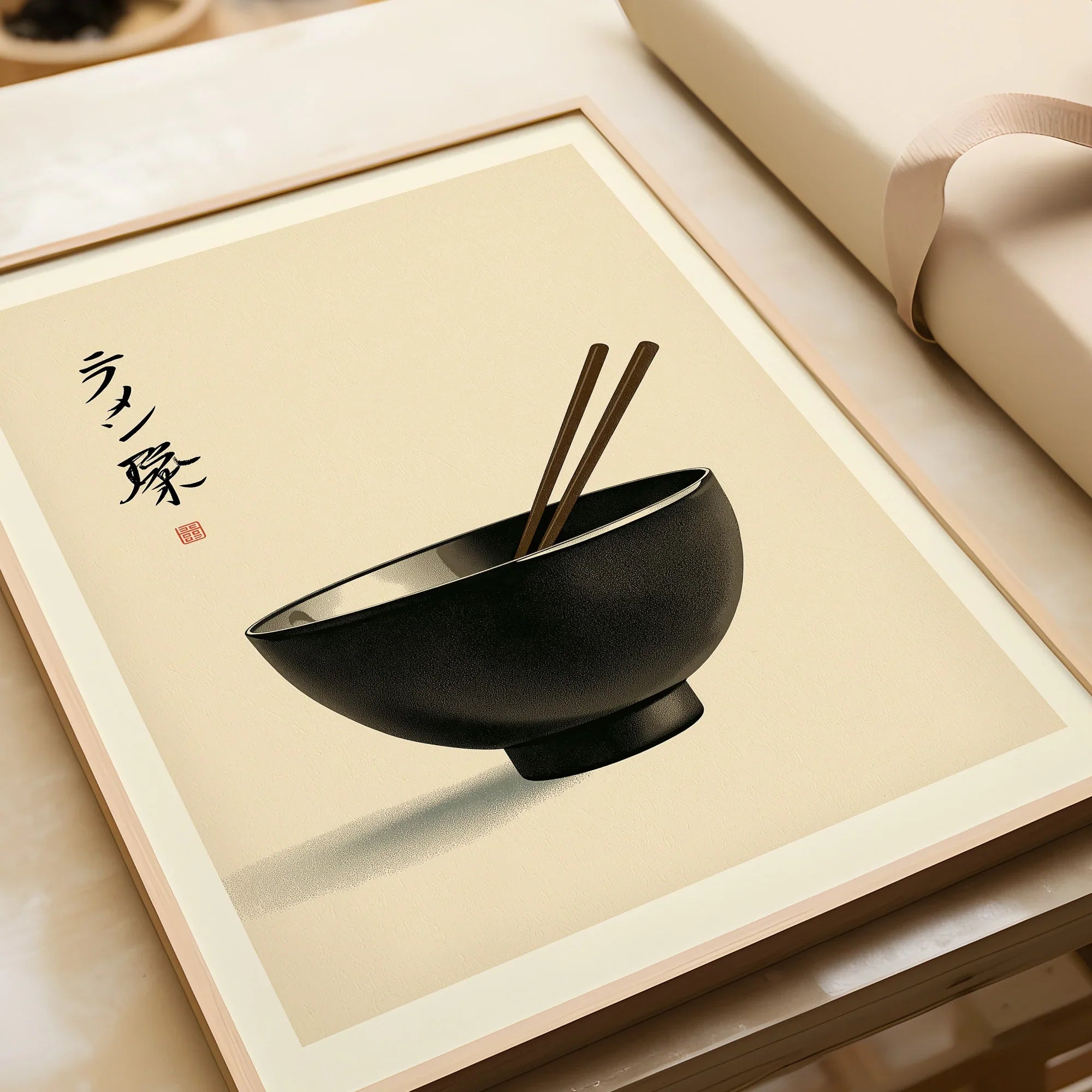 Japanese Ramen Wall Art – Minimal Vintage Kitchen Print — framed art print closeup gift unwrapped natural frame