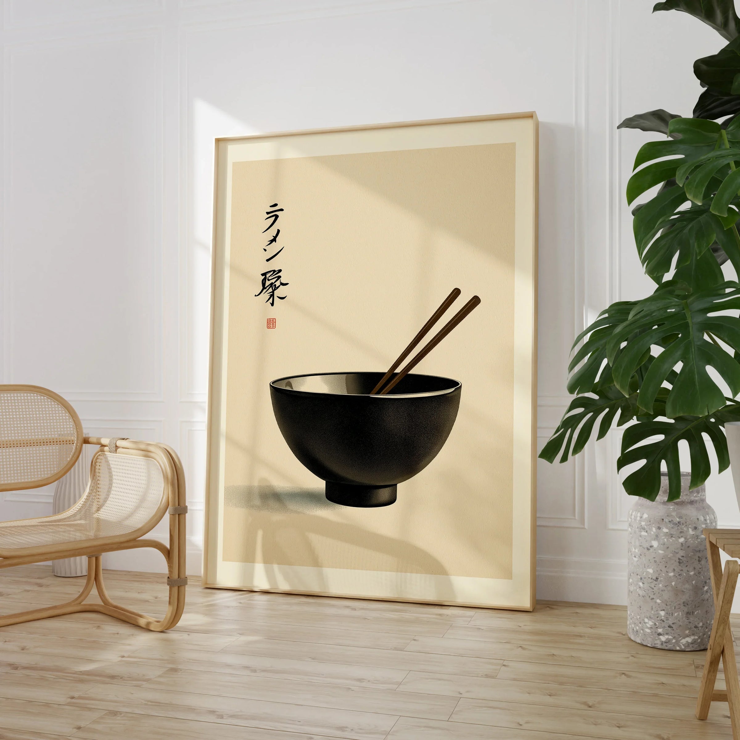 Japanese Ramen Wall Art – Minimal Vintage Kitchen Print — large framed print room setting chair plant