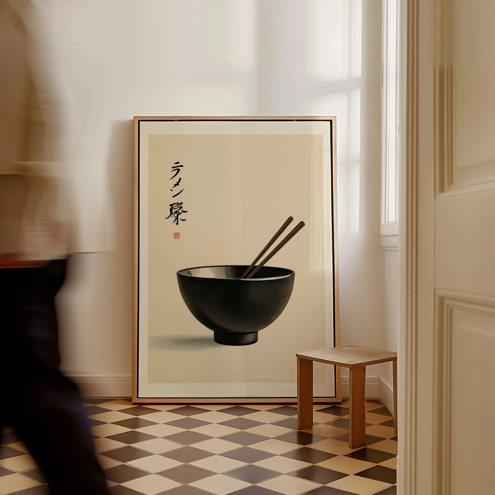 Japanese Ramen Wall Art – Minimal Vintage Kitchen Print — framed canvas on floor man walking past