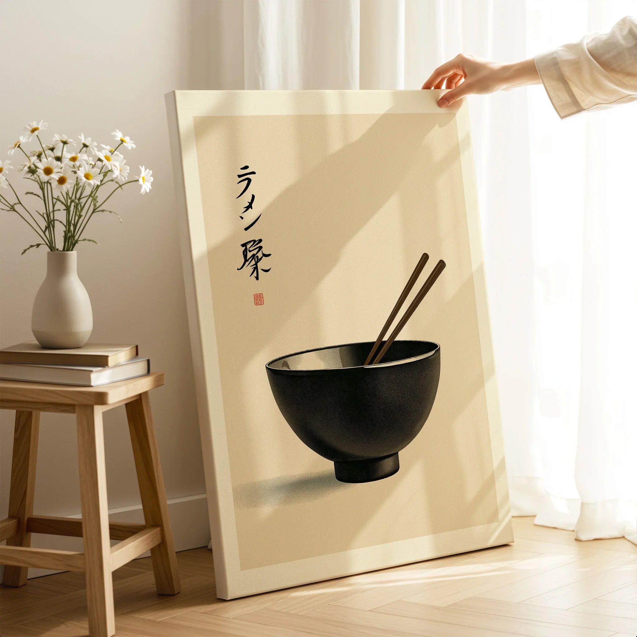 Japanese Ramen Wall Art – Minimal Vintage Kitchen Print — canvas print mirror edge hand holding room setting