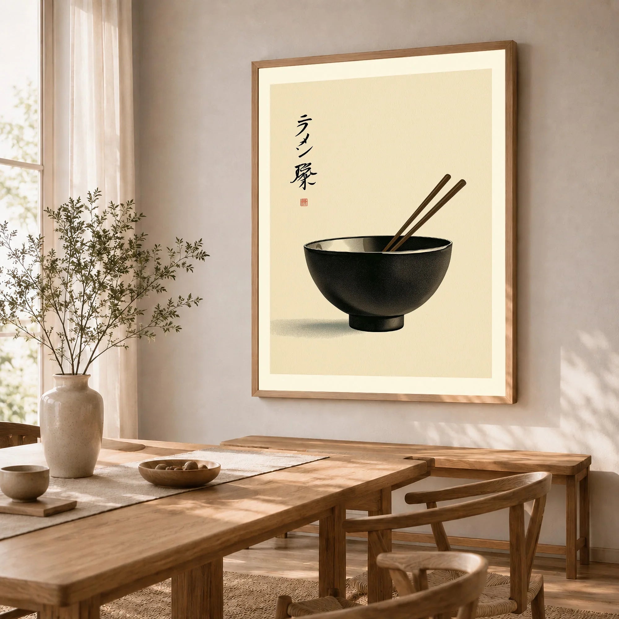 Japanese Ramen Wall Art – Minimal Vintage Kitchen Print — dining room framed print natural wood frame