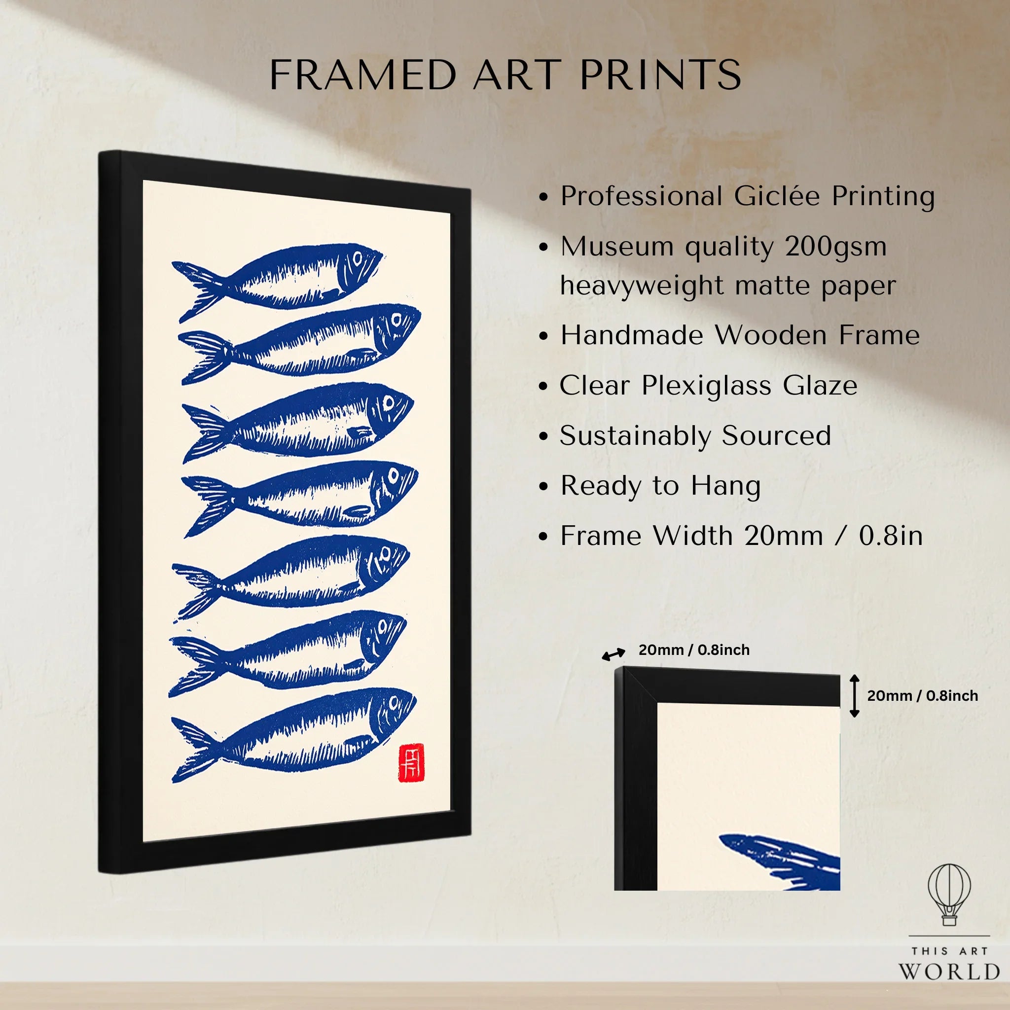 Japanese Fish Art Print – Blue Sardine Coastal Wall Art — framed print details measurements quality details