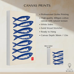 Japanese Fish Art Print – Blue Sardine Coastal Wall Art — canvas print stretched cotton canvas details