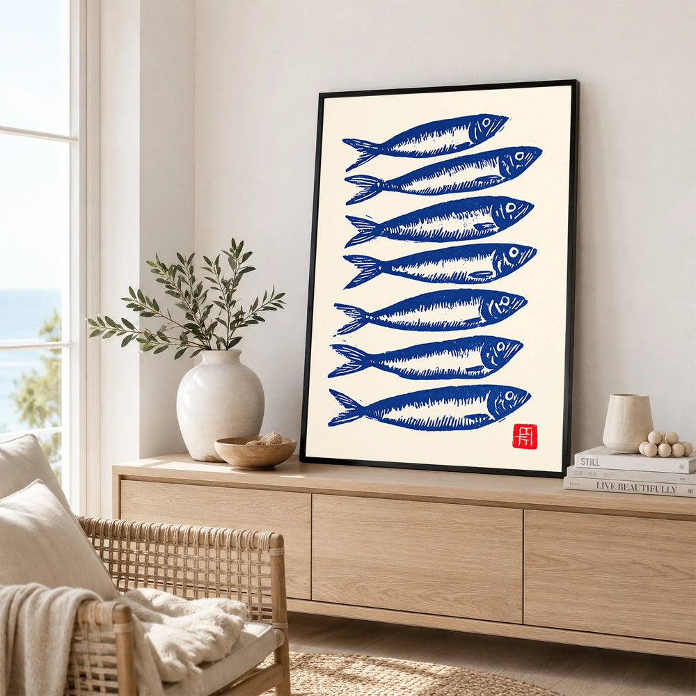 Japanese Fish Art Print – Blue Sardine Coastal Wall Art — framed artwork living room lifestyle setting