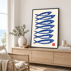 Japanese Fish Art Print – Blue Sardine Coastal Wall Art — framed artwork living room lifestyle setting