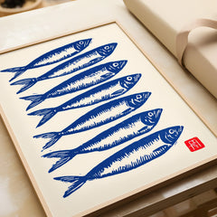 Japanese Fish Art Print – Blue Sardine Coastal Wall Art — framed art print closeup gift unwrapped natural frame