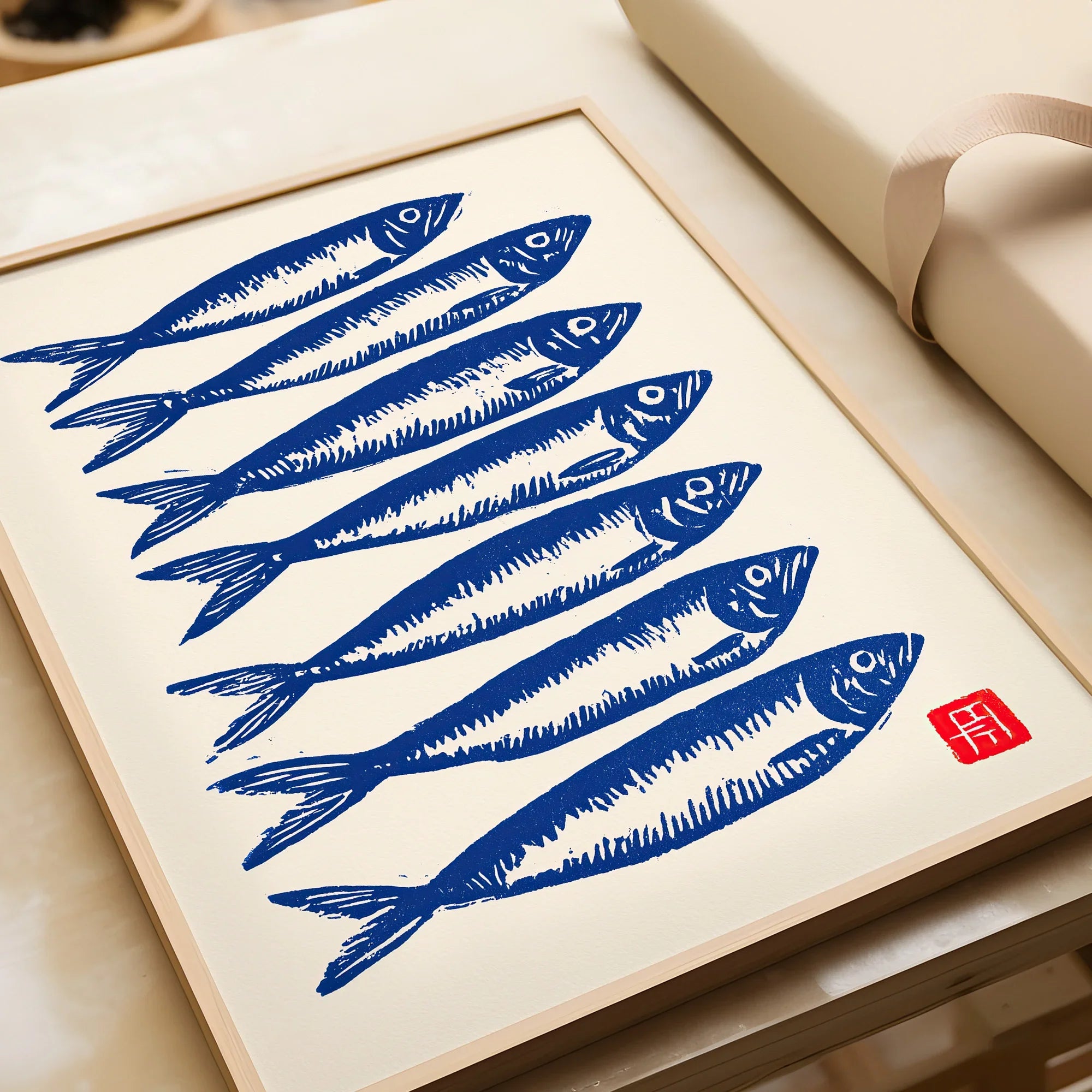 Japanese Fish Art Print – Blue Sardine Coastal Wall Art — framed art print closeup gift unwrapped natural frame