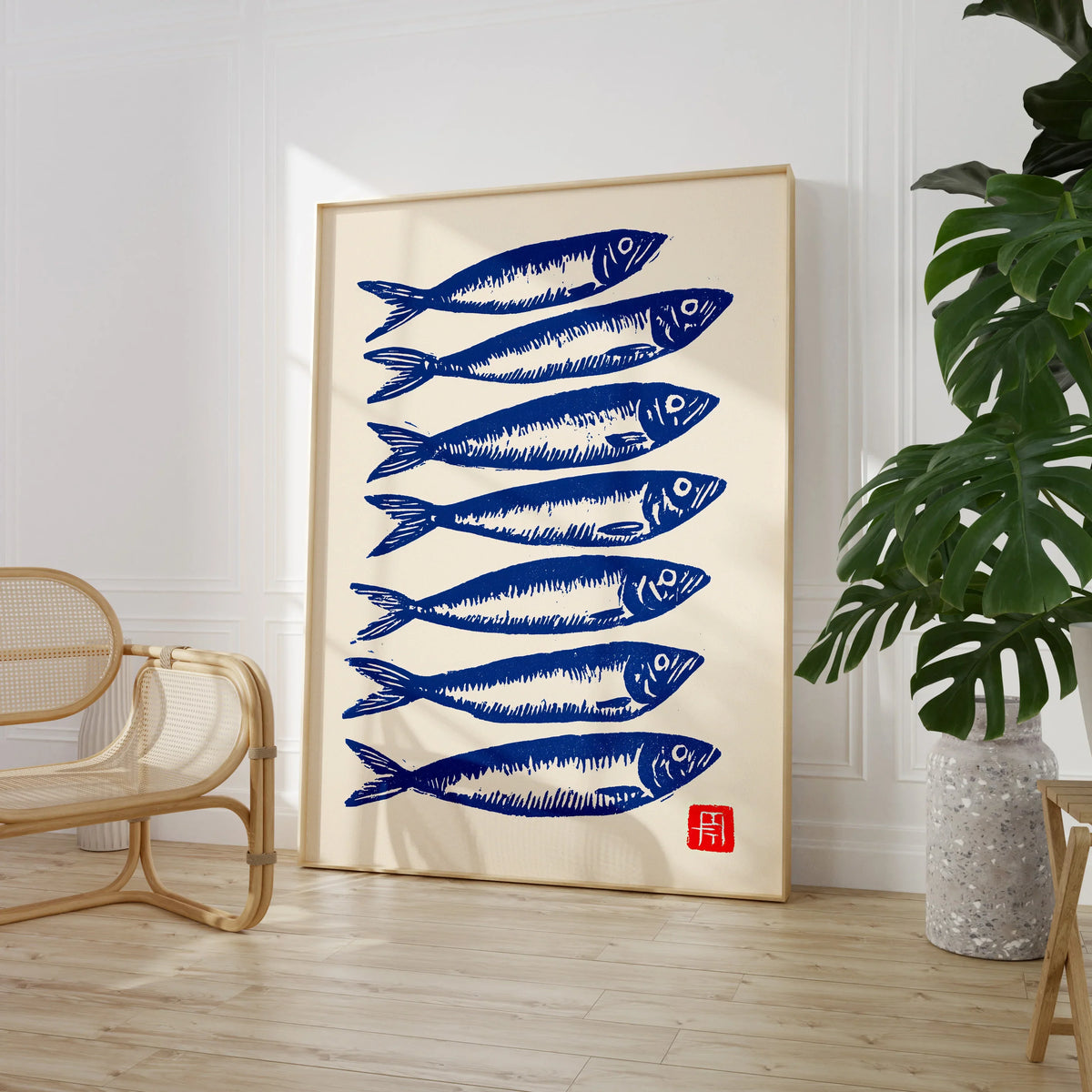 Japanese Fish Art Print – Blue Sardine Coastal Wall Art — large framed print room setting chair plant