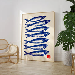 Japanese Fish Art Print – Blue Sardine Coastal Wall Art — large framed print room setting chair plant