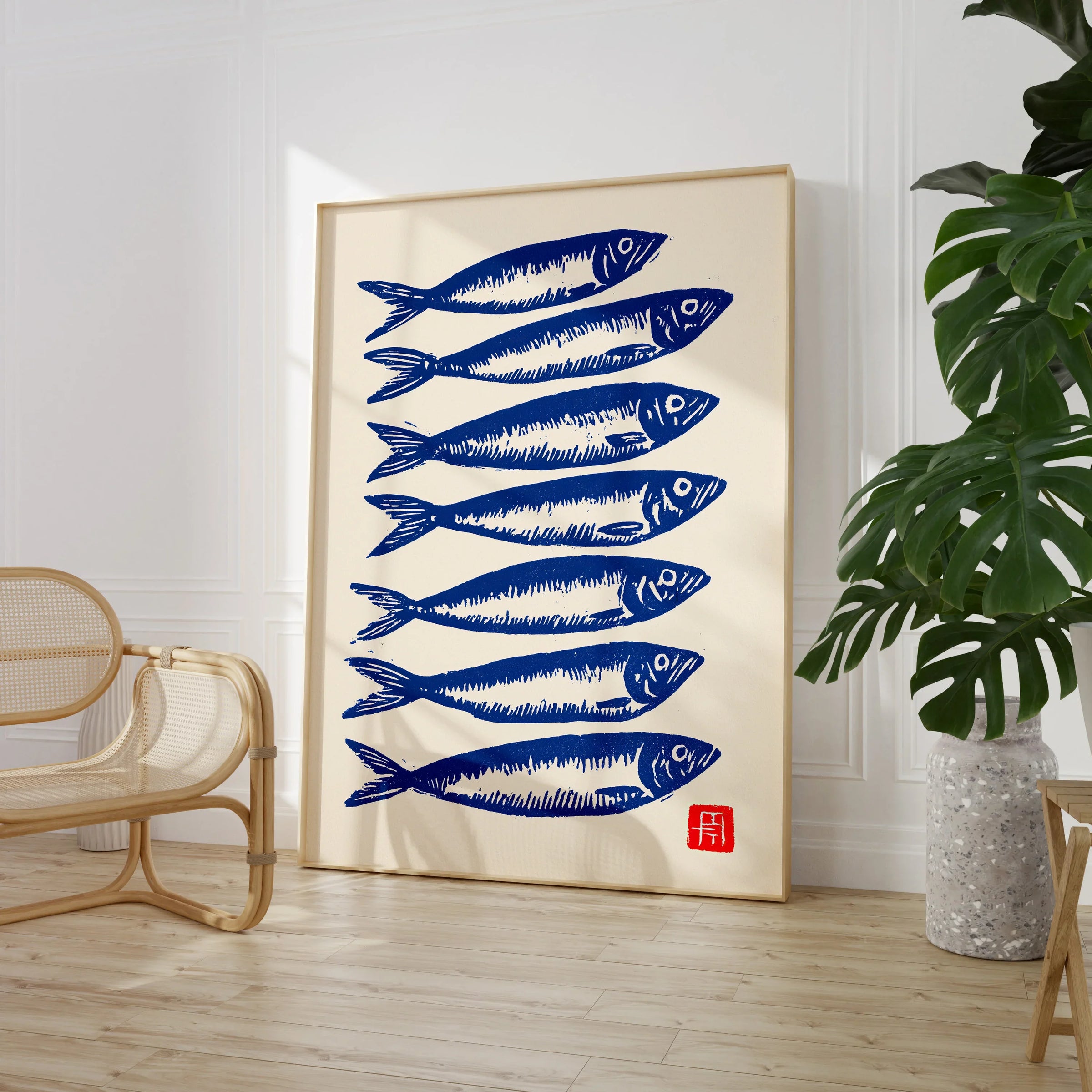 Japanese Fish Art Print – Blue Sardine Coastal Wall Art — large framed print room setting chair plant