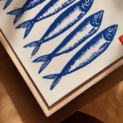 Japanese Fish Art Print – Blue Sardine Coastal Wall Art — closeup framed canvas natural wood floating frame