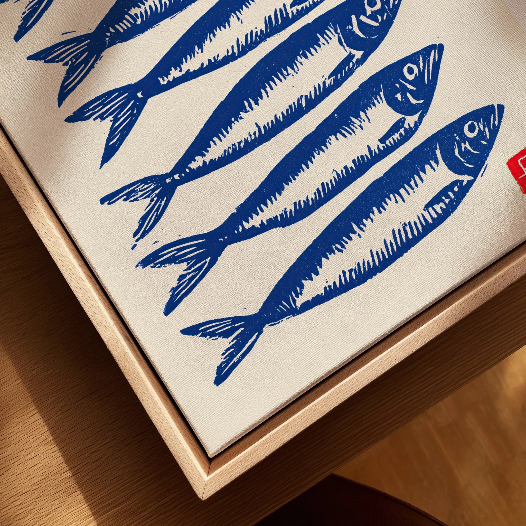 Japanese Fish Art Print – Blue Sardine Coastal Wall Art — closeup framed canvas natural wood floating frame