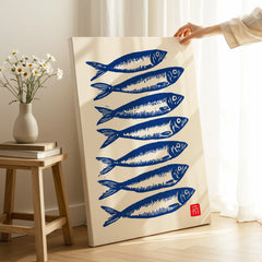 Japanese Fish Art Print – Blue Sardine Coastal Wall Art — canvas print mirror edge hand holding room setting