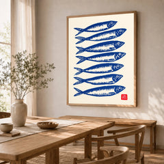 Japanese Fish Art Print – Blue Sardine Coastal Wall Art — dining room framed print natural wood frame