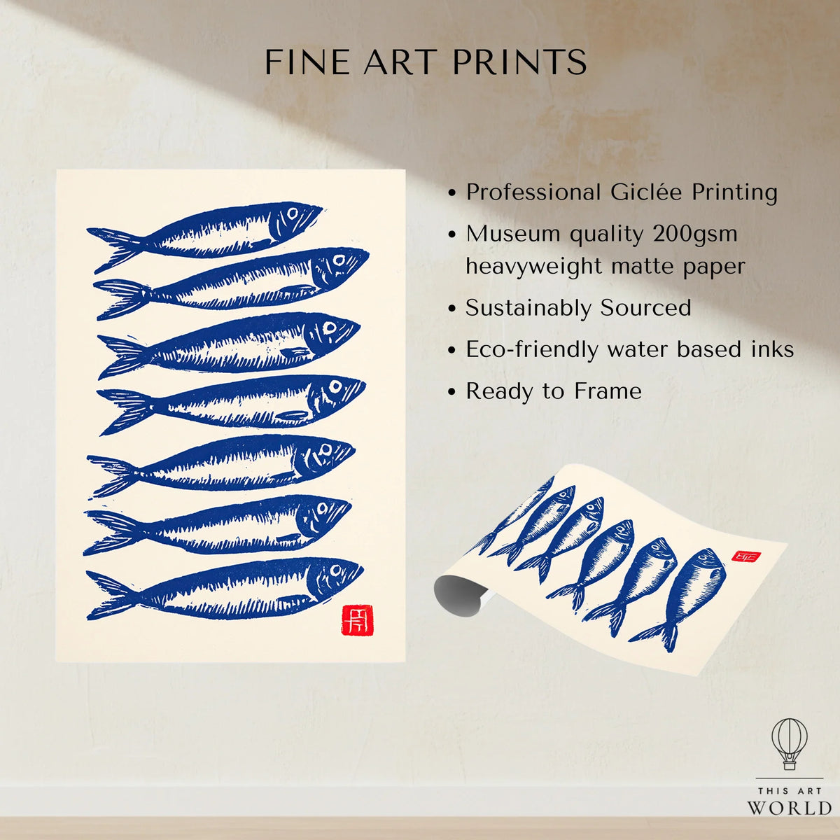 Japanese Fish Art Print – Blue Sardine Coastal Wall Art — fine art print unframed quality details