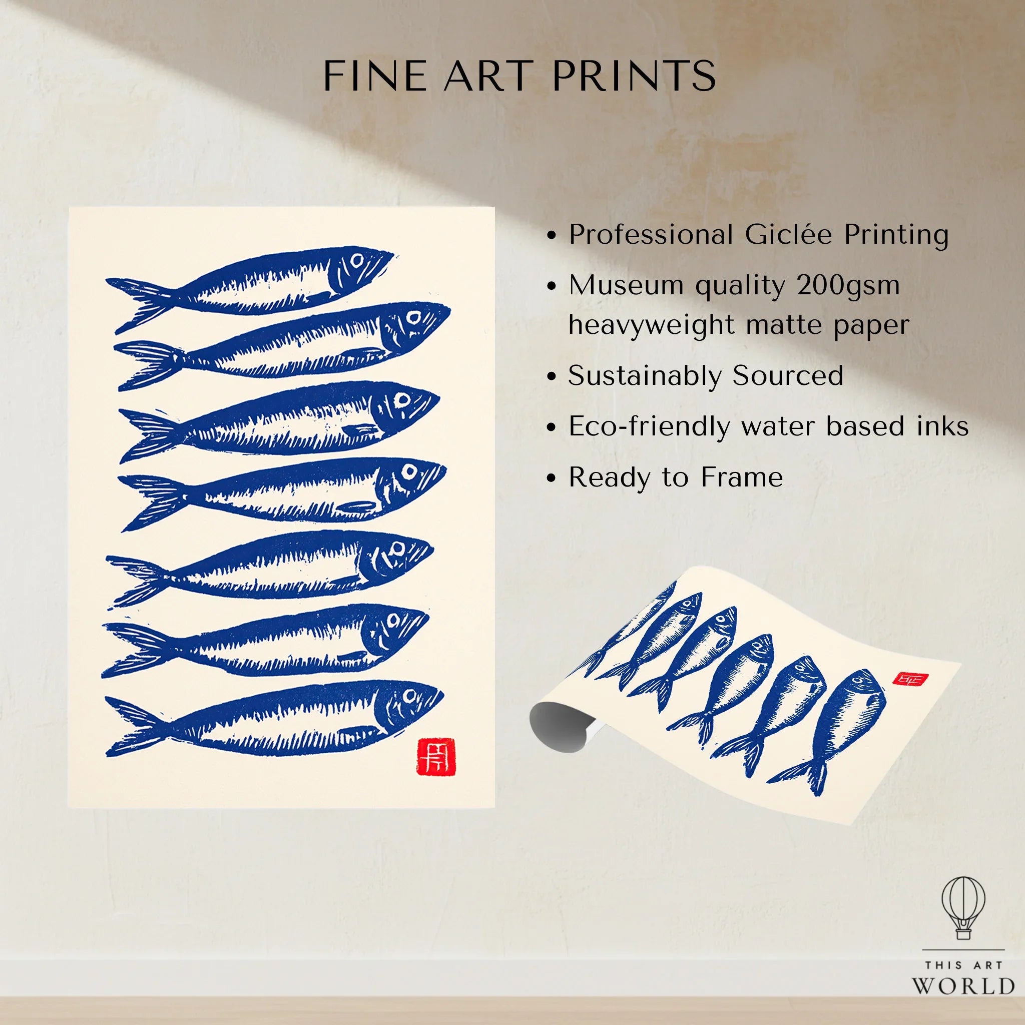 Japanese Fish Art Print – Blue Sardine Coastal Wall Art — fine art print unframed quality details