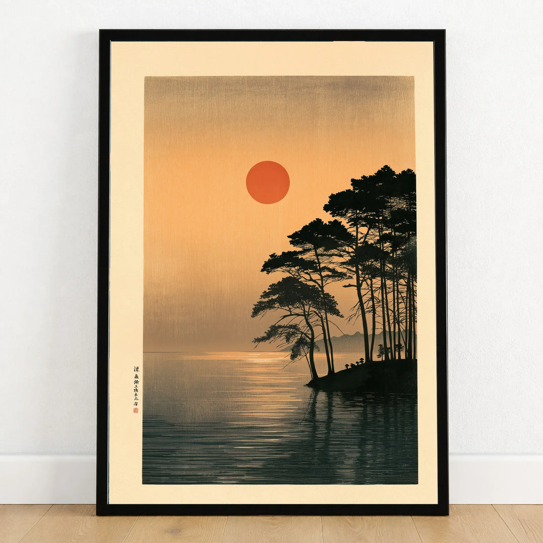Japanese Sunset Art Print – Vintage Coastal Landscape Wall Art — art print in black frame on wooden floor