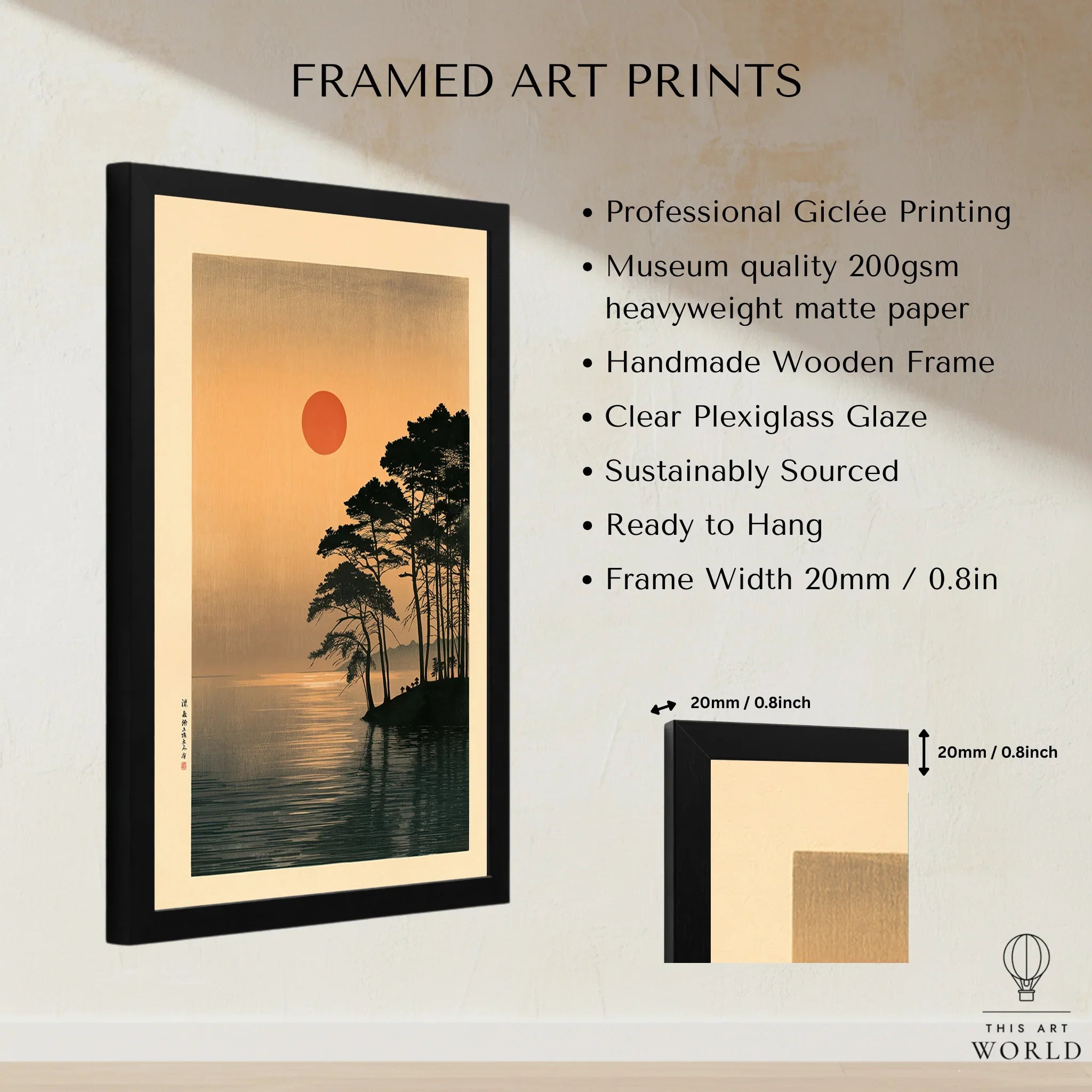 Japanese Sunset Art Print – Vintage Coastal Landscape Wall Art — framed print details measurements quality details