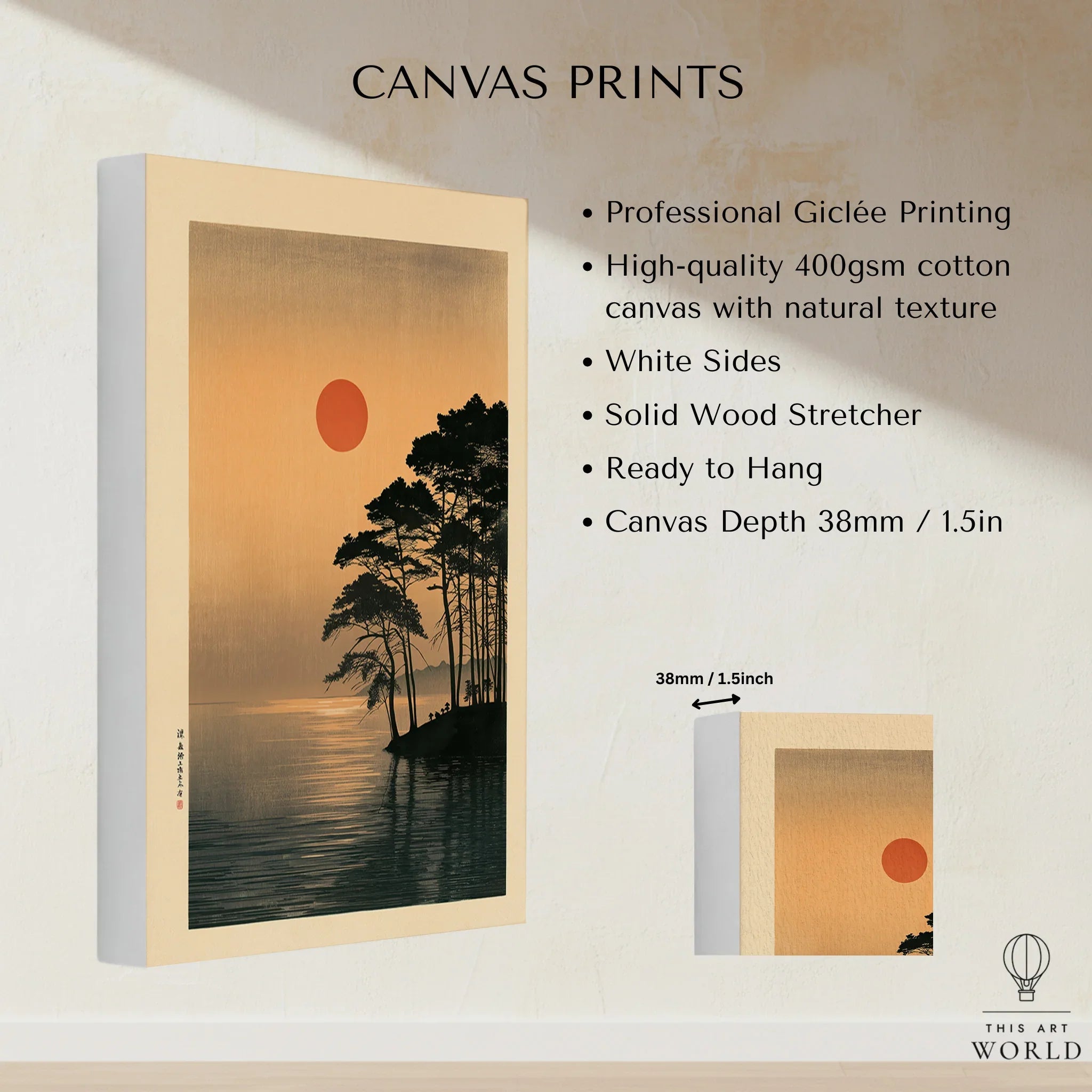 Japanese Sunset Art Print – Vintage Coastal Landscape Wall Art — canvas print stretched cotton canvas details