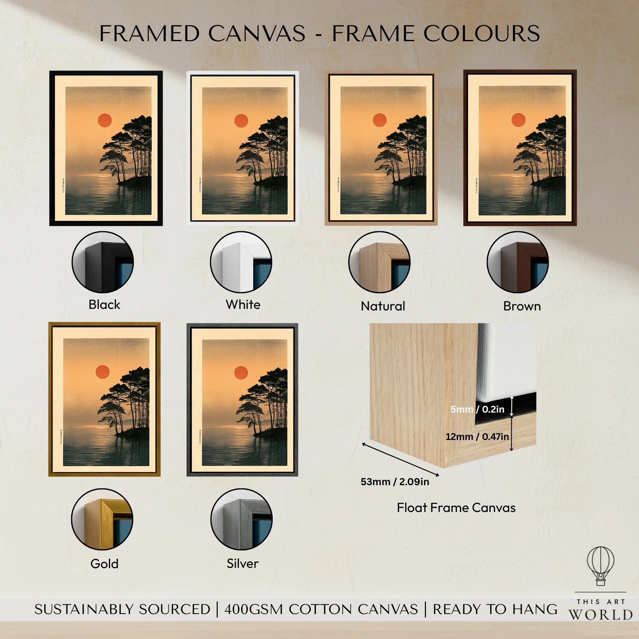 Japanese Sunset Art Print – Vintage Coastal Landscape Wall Art — framed canvas float frame colour options
