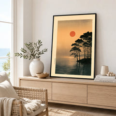 Japanese Sunset Art Print – Vintage Coastal Landscape Wall Art — framed artwork living room lifestyle setting