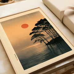 Japanese Sunset Art Print – Vintage Coastal Landscape Wall Art — framed art print closeup gift unwrapped natural frame