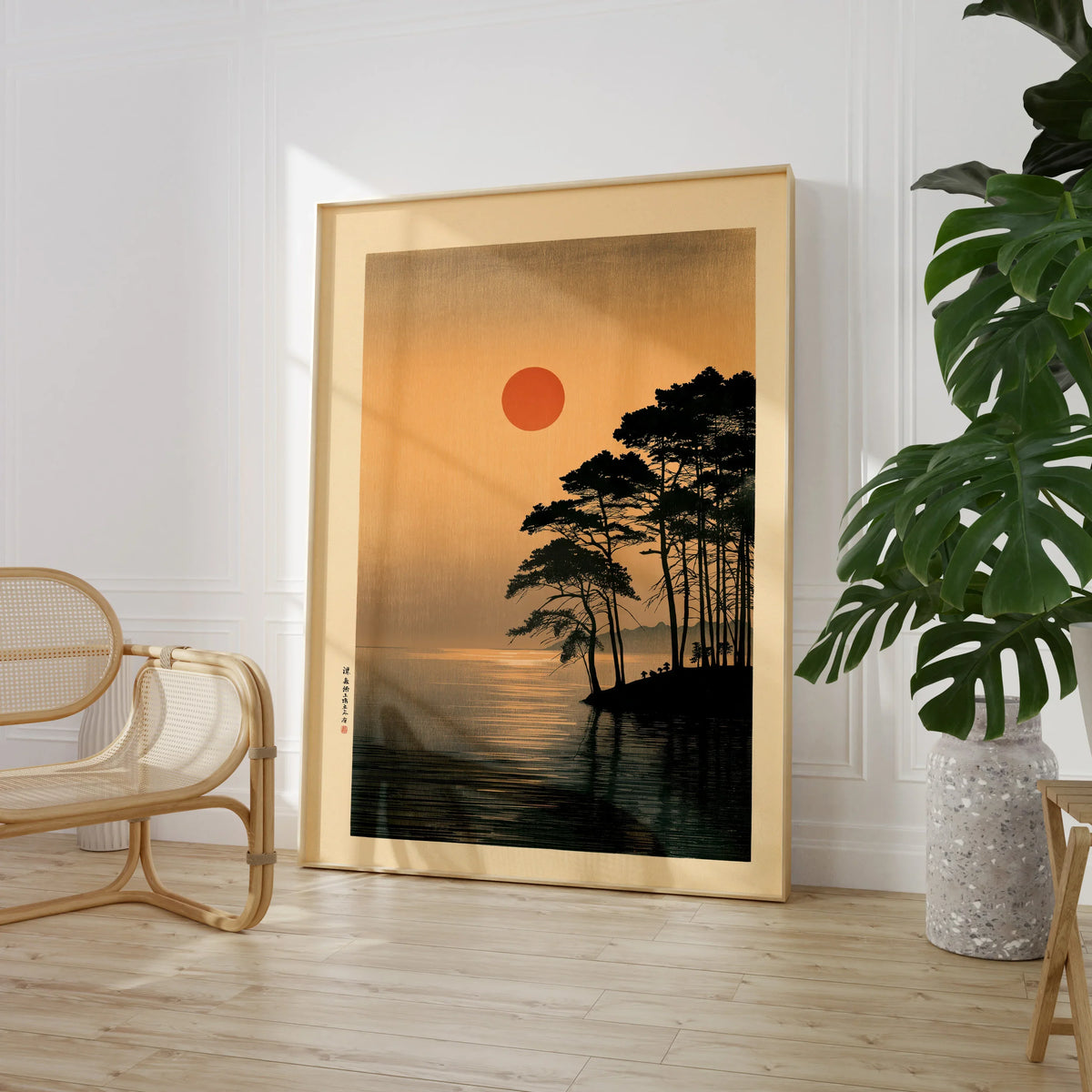 Japanese Sunset Art Print – Vintage Coastal Landscape Wall Art — large framed print room setting chair plant