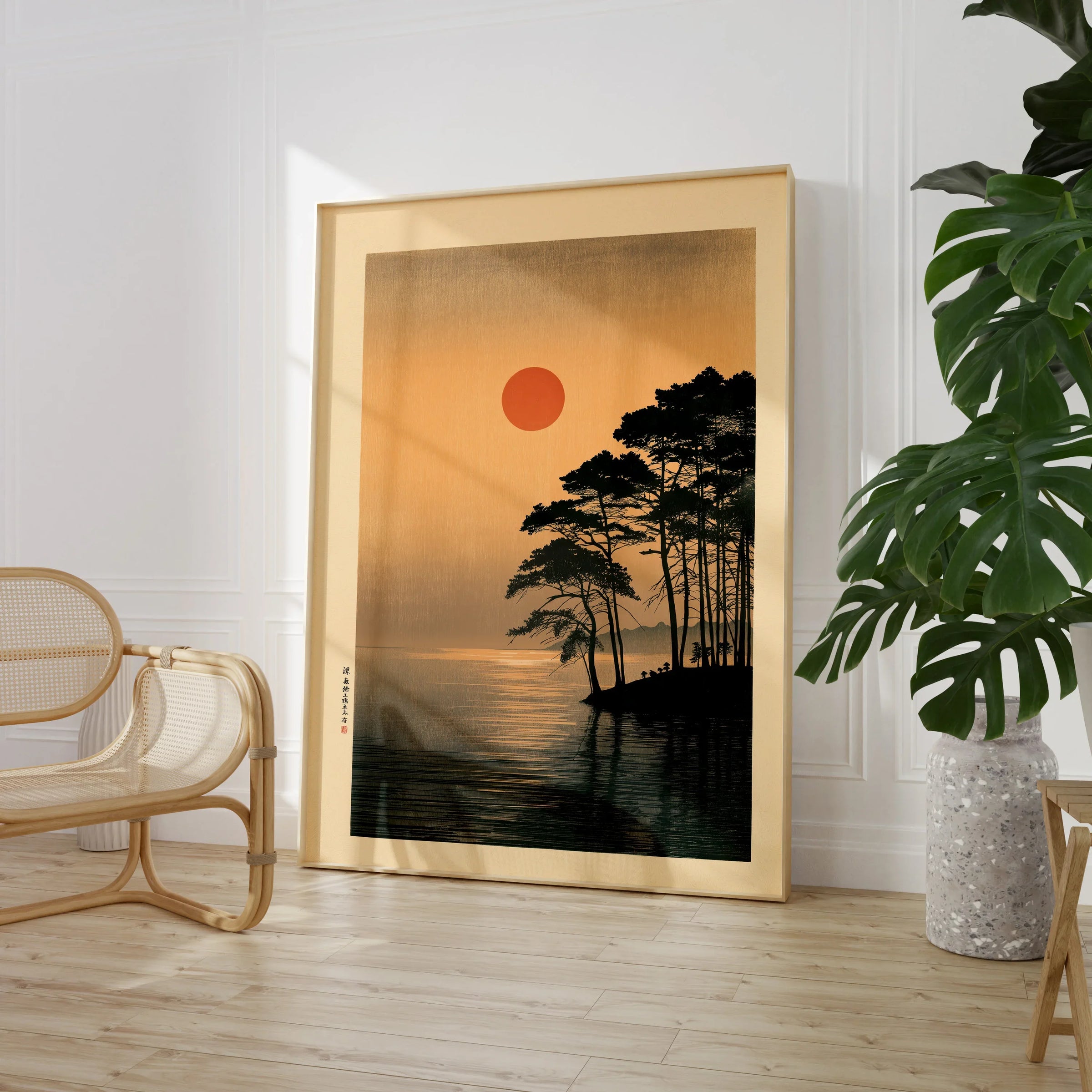 Japanese Sunset Art Print – Vintage Coastal Landscape Wall Art — large framed print room setting chair plant