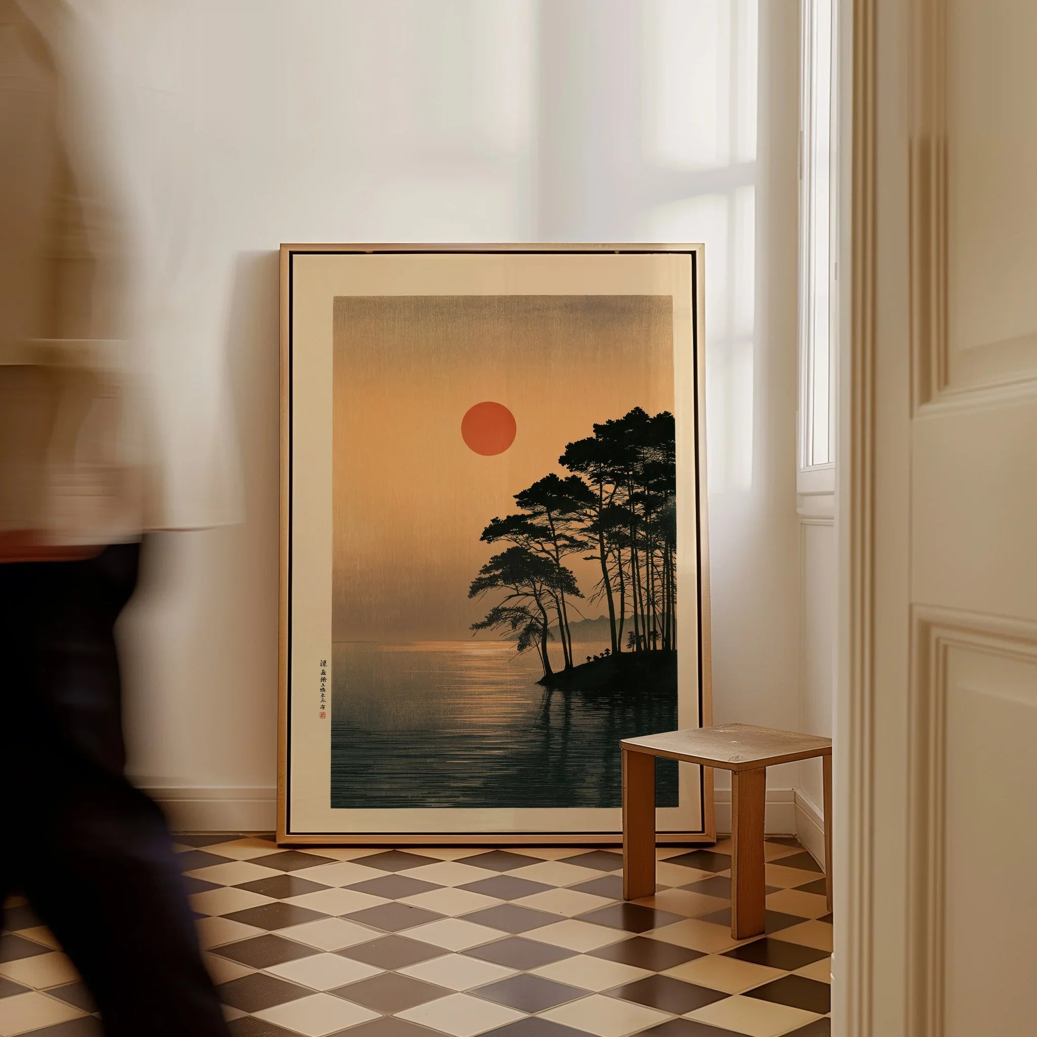 Japanese Sunset Art Print – Vintage Coastal Landscape Wall Art — framed canvas on floor man walking past
